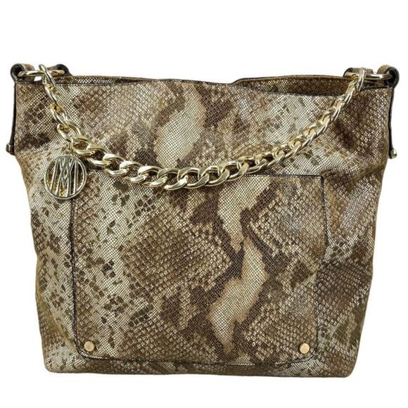 Antonio Melani Brown Tan Leather Snakeskin Studded Chain Handle Hobo Handbag - Picture 2 of 13